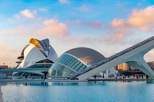 Valencia, Spain - January 4, 2019: Modern landmark  Ciudad de las Artes y las Ciencias. Designed by Santiago Calatrava and Félix Candela, the project was inaugurated on 16 April 1998 with the opening of L'Hemisfèric. Valencia welcomes more than 4 million visitors every year.