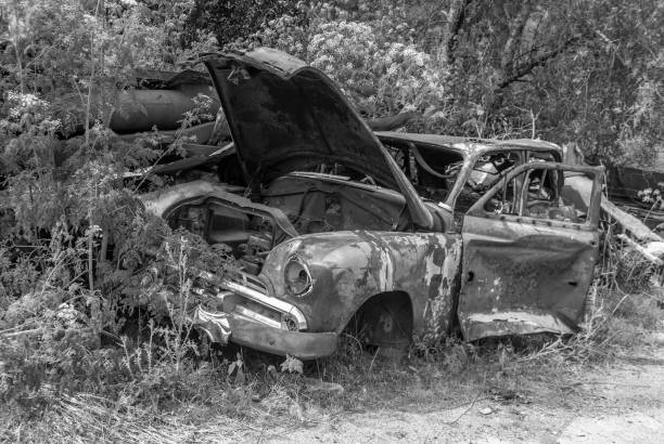 istock Black and white ruined car 1208716322