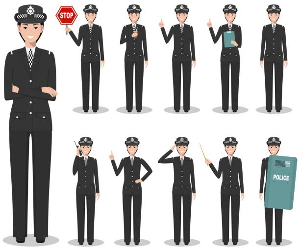 illustrazioni stock, clip art, cartoni animati e icone di tendenza di concetto di poliziotti. illustrazione dettagliata della poliziotta britannica in uniforme tradizionale in piedi in diverse pose in stile piatto isolato su sfondo bianco. personaggi di persone di design piatto. illustrazione vettoriale. - weapon shield european culture security