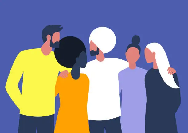 Vector illustration of A diverse group of young people embracing each other, millennian friends