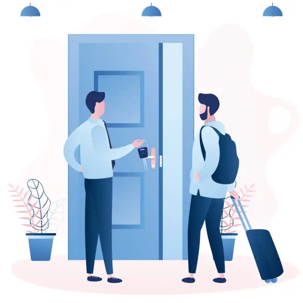 Vector illustration of Traveling, tourist  backpacker rent flat for vacation. Male traveler with luggage stand near open door, rent apartment for leisure