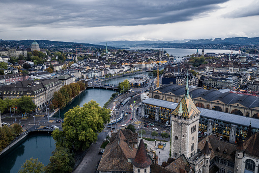 Drone photo aerial view of Zurich city, Switzerland. Aerial view of Schweizerisches Landesmuseum, railway station, Central tram and bus station. Limmat river