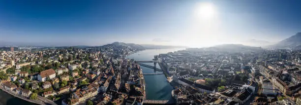 high angle view of Lucerne old town panoramic from drone point in the morning.