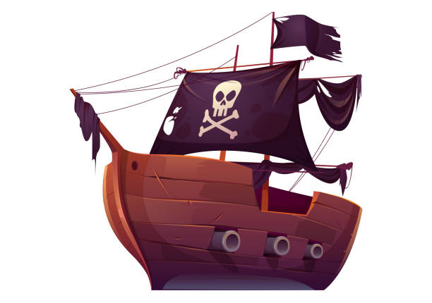 illustrations, cliparts, dessins animés et icônes de bateau de pirate en bois de vecteur avec des voiles noires - brigantine sailing ship old nautical vessel
