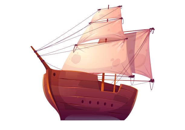Vector wooden boat with white sails Vector wooden boat with white sails. Pirate or merchant ship with blank canvas. Cartoon old wooden frigate, vintage galleon isolated on white background old ship cartoon stock illustrations