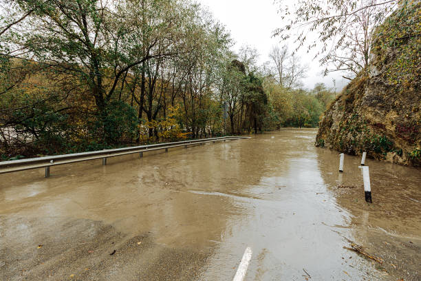 istock Flood. Flooded road. Autumn floods. 1208726179