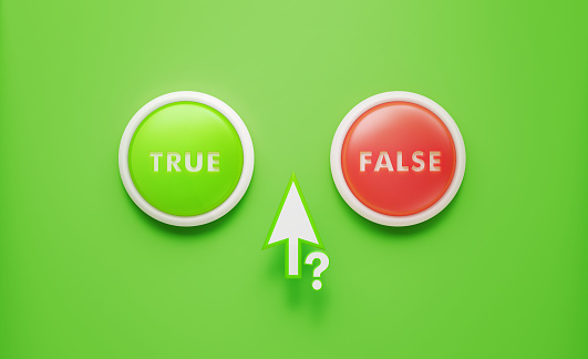 Arrow shaped computer cursor in sitting true or false written push buttons on green. Horizontal composition with copy space. Dilemma concept.