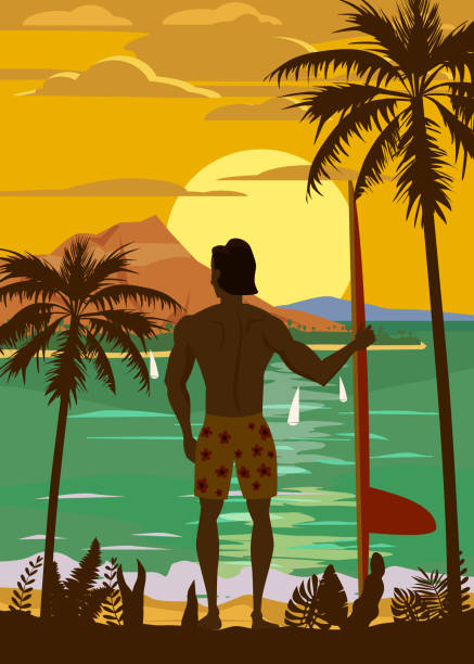 illustrations, cliparts, dessins animés et icônes de surfer restant avec la planche de surf sur la vue arrière tropicale de plage. hawaii surf palms thème de l’océan rétro vintage. drapeau d’affiche d’affichage isolé d’illustration de vecteur - enfants derrière voiture vacance