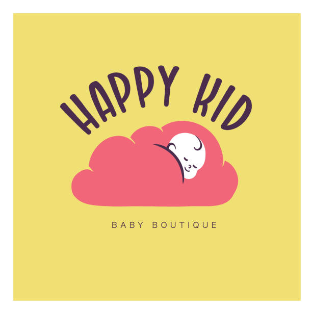 Happy kid logo with baby sleeping in pink cloud silhouette isolated on yellow background. Happy kid logo with baby sleeping in pink cloud silhouette isolated on yellow background. Baby care emblem, children store insignia, boutique. Vector flat illustration. baby boutique stock illustrations