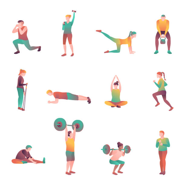 People in the sport set, flat vector illustration. People in the sport set, flat vector illustration. Man and woman in the gym are engaged in recreational exercises. Adult athletes at sporting events tournament isolated on a white background. sports training illustrations stock illustrations