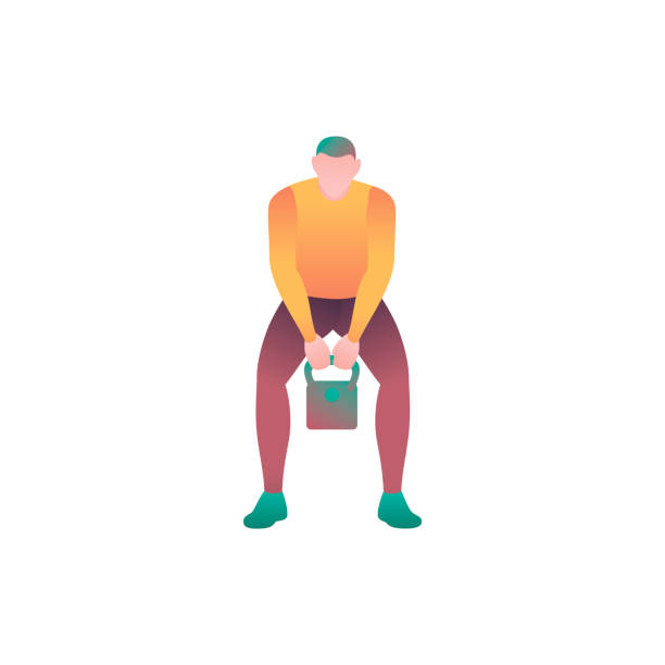 A man lifts a weight, a flat vector illustration A man lifts a weight, a flat vector illustration. A strong body builder athlete is exercising in lifting weights. Man in gym works with weightlifting equipment isolated on white background. cartoon muscular man lifting heavy weights stock illustrations