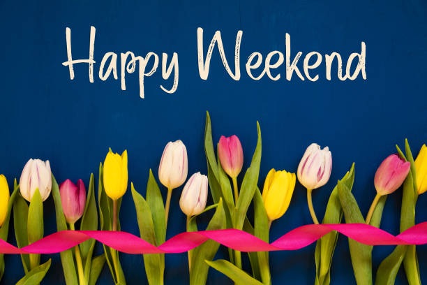 istock Colorful Tulip, Text Happy Weekend, Ribbon, Blue Background 1208743306