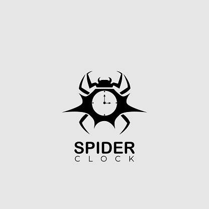 Vector Illustration Spider With Clock Dual Meaning Silhouette Style.