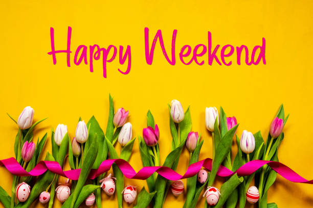 istock Colorful Tulip, Text Happy Weekend, Easter Egg, Yellow Background 1208744912