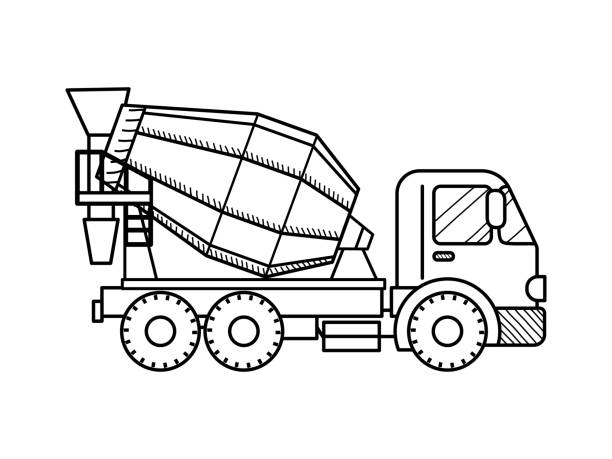 Concrete mixer truck. Black and white. Construction machinery vector art illustration
