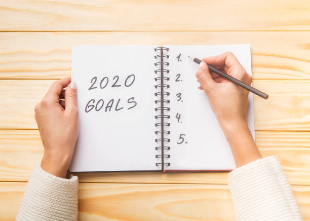 istock Female hands writing future 2020 goals in spiral notepad 1208750354