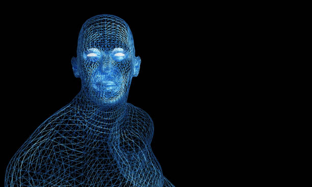 istock Blue wire frame man body and head on black background. 3D illustration business, technology concept 1208751766