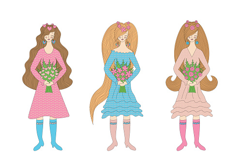 Girls in dresses with long hair and bouquets of flowers in their hands and wreaths on their heads. Different Women. Women's Day March 8. International holiday. Springtime. Isolated vector illustration