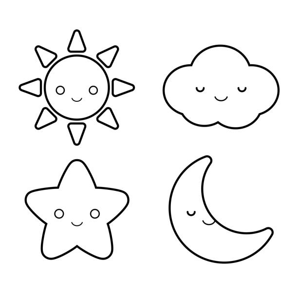 Set Of Cute Weather Element Outline Drawing For Childrens Coloring Book  Including Sun Cloud Star And Moon Stock Illustration - Download Image Now -  iStock