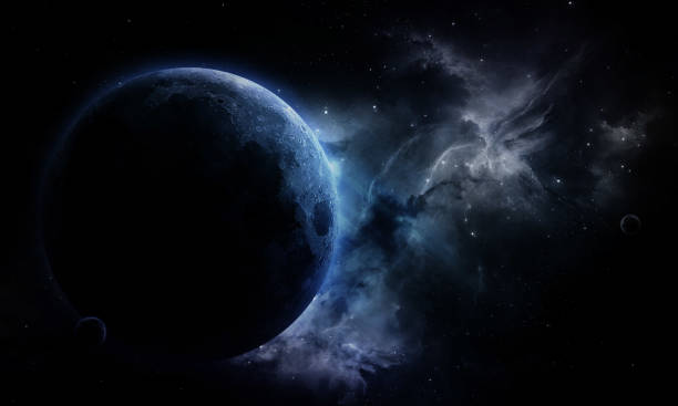istock abstract space illustration, 3d image, blue moon planet, stars and nebula 1208756573