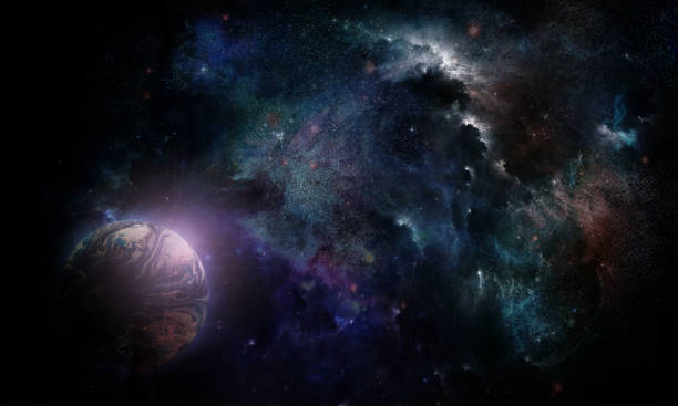 istock abstract space illustration, 3d image, planet earth in the colored light of a star nebula 1208756574