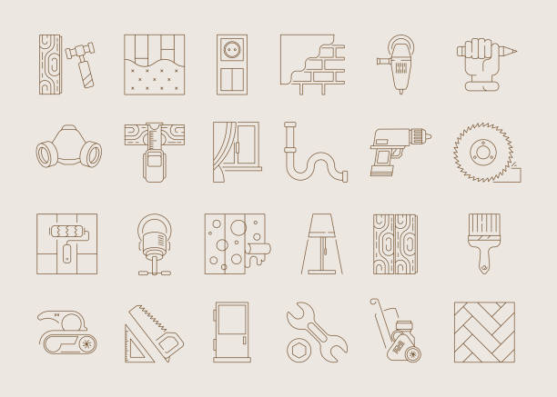 ilustraciones, imágenes clip art, dibujos animados e iconos de stock de icono de diseño de interiores. pavimentos que instalan muestras de cortina que iluminan elementos que miden la decoración vectorial de la ventana - interface icons hammer home interior house