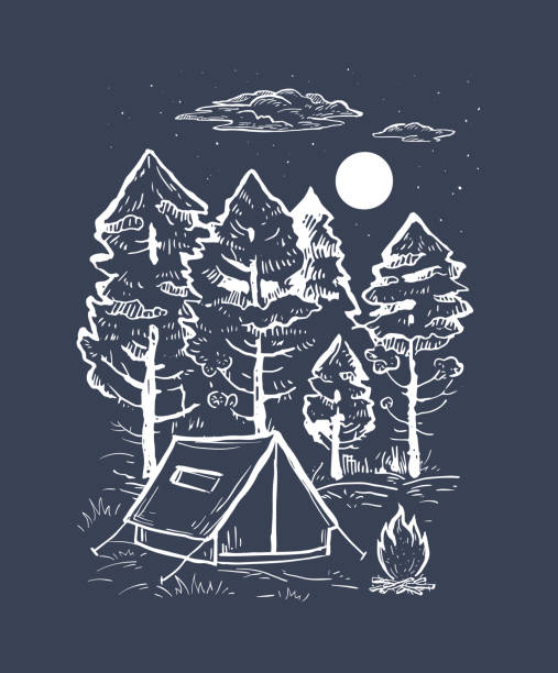 Sketch vector of a coniferous forest, tent, bonfire and moon. Engraving style Sketch vector of a coniferous forest, tent, bonfire and moon. Engraving style. Romantic hand drawn vector illustration on a black background. Design for t-shirt print, postcard, poster, engraving camping drawings stock illustrations