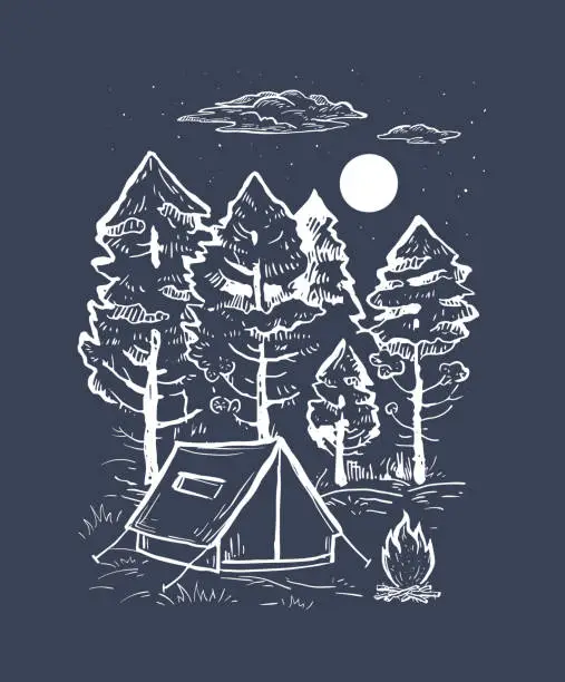 Vector illustration of Sketch vector of a coniferous forest, tent, bonfire and moon. Engraving style