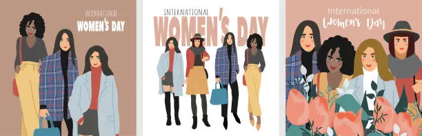 Vector illustration of International Womens Day. Set of cards with Abstract women with different skin colors. Flat vector illustration