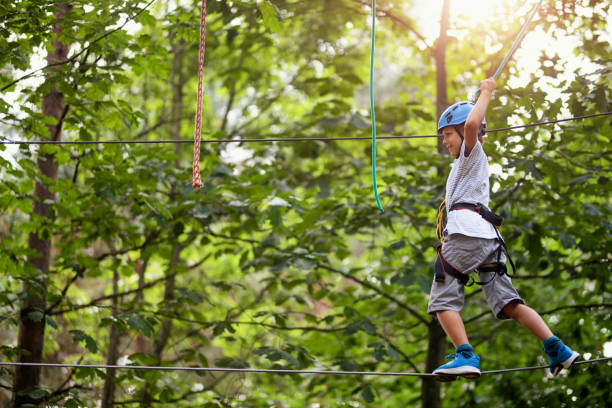 istock Little boy enjoying zip line ropes course 1208757884