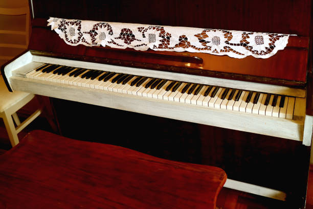 istock Vintage Upright Piano with an Empty Stool in Foreground 1208759139
