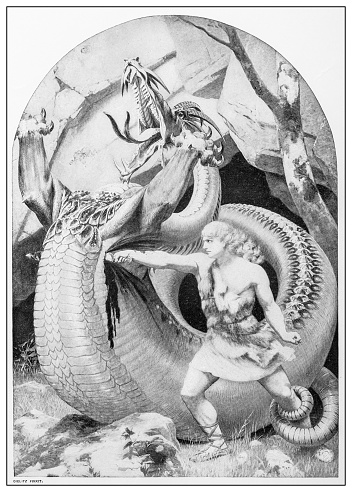 Antique illustration of important people of the past: Siegfried slaying the dragon