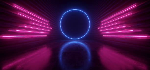 istock Cyberpunk Neon Laser Cyber Sci Fi Circle Lights Glowing Classic Retro Blue Red Pantone Reflective Concrete Grunge Club Night Dance Floor Stage Studio 3D Rendering 1208761645