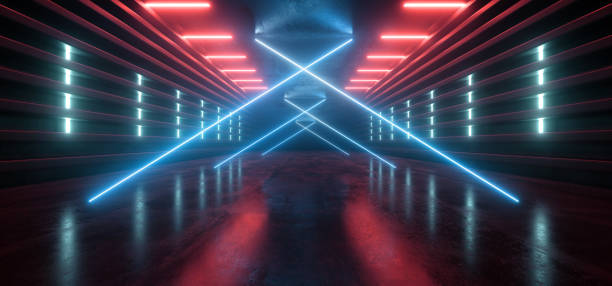 istock Cyber Virtual Reality Sci Fi Futuristic Led LAser Neon Lights Glowing Red Blue Vibrant Reflective Concrete Metal Corridor Spaceship Tunnel Hallway 3D Rendering 1208761669