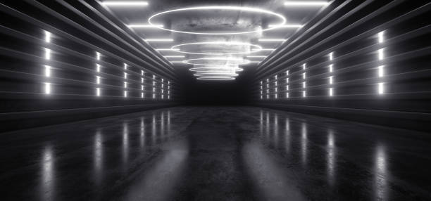 istock Neon Laser Cyber Virtual Reality Sci Fi Line Shaped Lights Glowing White Reflective Concrete Grunge Club Night Dance Floor Stage Studio 3D Rendering 1208761745