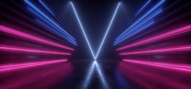 neon laser cyber sci fi triangle luzes em forma brilhando clássico retrô azul vermelho roxo roxo roxo pantone reflexo concreto grunge club night dance stage showroom showroom studio 3d rendering - dance floor - fotografias e filmes do acervo
