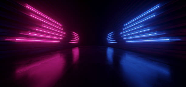 istock Neon Laser Cyber Sci Fi Line Shaped Lights Glowing Classic Retro Blue Red Purple Pantone Reflective Concrete Grunge Club Night Dance Floor Stage Showroom Studio 3D Rendering 1208761797