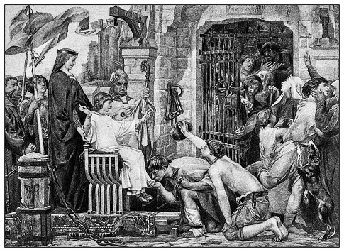 Antique illustration of important people of the past: Louis IX open the jails of France