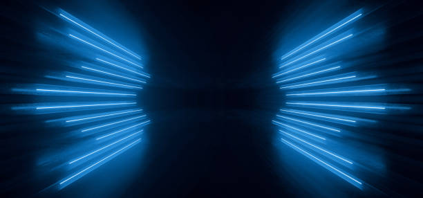 istock Neon Laser Cyber Sci Fi Line Shaped Lights Glowing Classic Retro Blue Pantone Reflective Concrete Grunge Club Night Dance Floor Stage Showroom Studio 3D Rendering 1208761946