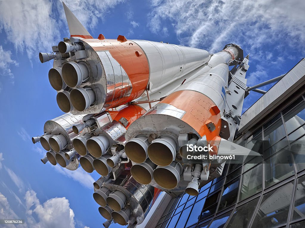 Russian rocket being launched to space Russian space transport rocket Rocketship Stock Photo