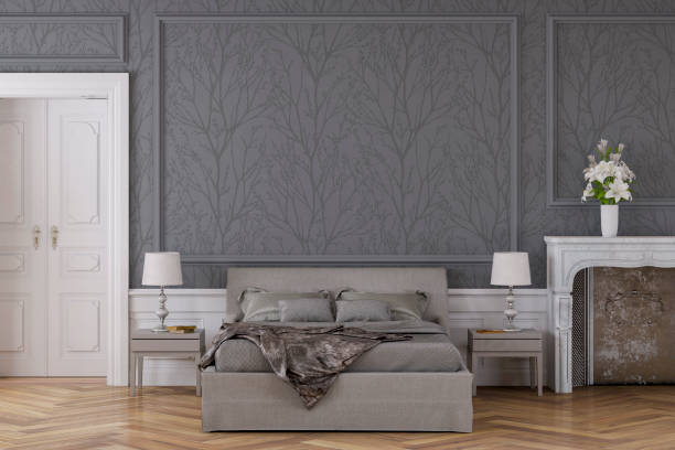 istock Glamour bedroom with decoration and fireplace 1208762892