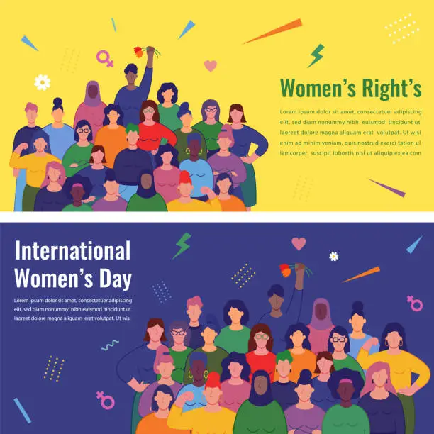Vector illustration of International women's day. Women of different cultures and nationalities fight for freedom and equality. Women's day concept. Vector