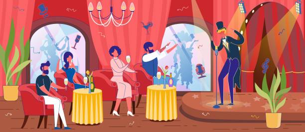 Restaurant with Entertainment Program or Cabaret. Men and Women Characters - Visitors in Restaurant with Entertainment Program or Cabaret with Dining Option. Retro Party Art Deco Style with Show and Food Serving. Flat Cartoon Vector Illustration. 1930s style men image created 1920s old fashioned stock illustrations