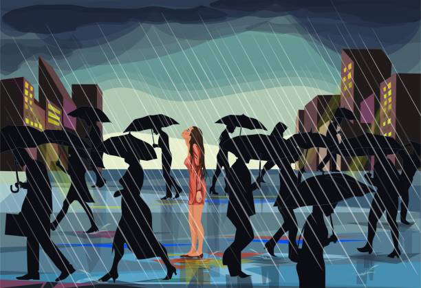 Rain and evening city. Rain and evening city. All people are running under umbrellas. One girl enjoys the rain. Everyone will find their meaning in this picture. Vector illustration is perfect for the cover, poste rain silhouettes stock illustrations