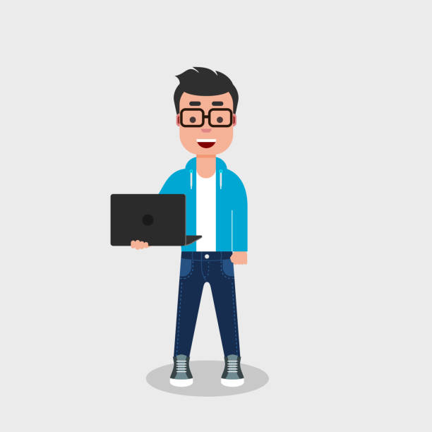 молодой человек держит ноутбук. geek стоя с ноутбуком в руках. - nerd men computer cheerful stock illustrations