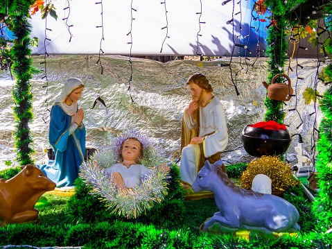 Nha Trang, Vietnam - December 25, 2019: Nativity Scene in front of the Cathedral of Christ the King.