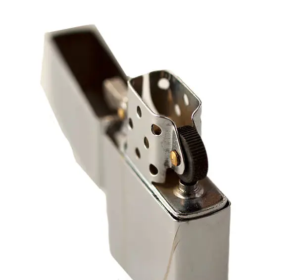 Close up of metal zippo lighter isolated over white