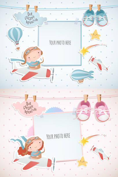 Conception de carte de vacances avec le ballon et l’avion. Douche de bébé pour le garçon et pour la fille. Papier, album. - Illustration vectorielle