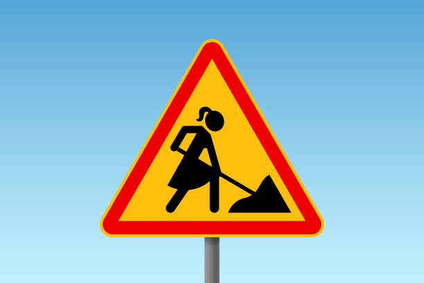 Concept of woman emancipation, equal rights and equality at work Road works traffic sign with stylized woman figure wearing dress, digging instead of male worker. Concept of woman emancipation, equal rights and equality at work gender equality at work stock illustrations