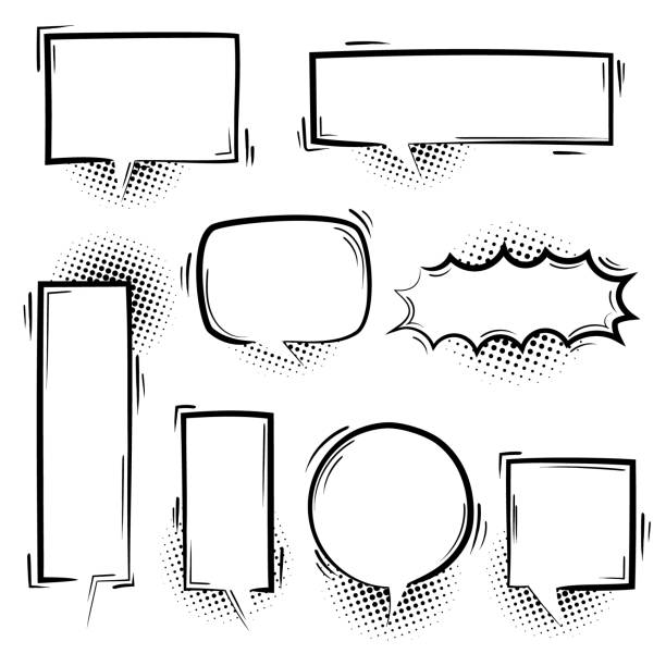 collection set of cute hand drawn line, blank pop art halftone speech bubble balloon circle and square shape, black and white color collection set of cute hand drawn line, blank pop art halftone speech bubble balloon circle and square shape, black and white color, flat design vector illustration digital enhancement stock illustrations